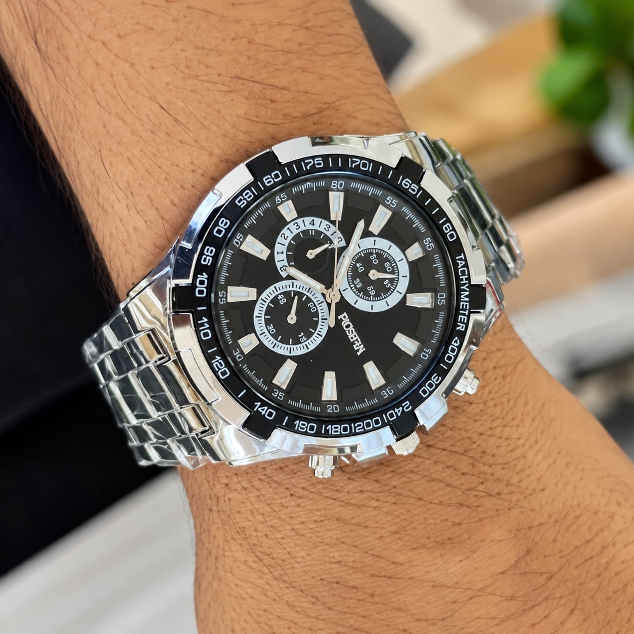 ROSRA Silver & Black Men's Stainless Steel Wrist Watch with Radium Dial