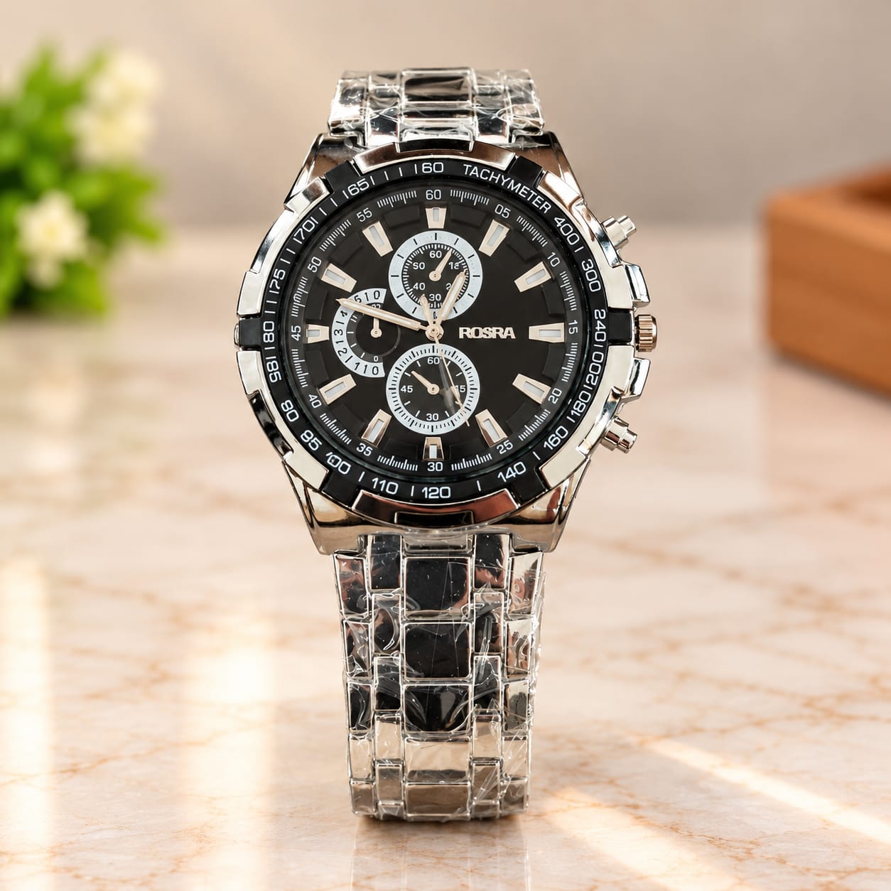 ROSRA Silver & Black Men's Stainless Steel Wrist Watch with Radium Dial