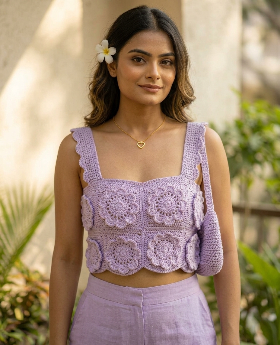 Handmade Crochet Lavender Floral Crop Top | 3D Flower Granny Square Tank Top | Pastel Purple Summer Festival Camisole Top