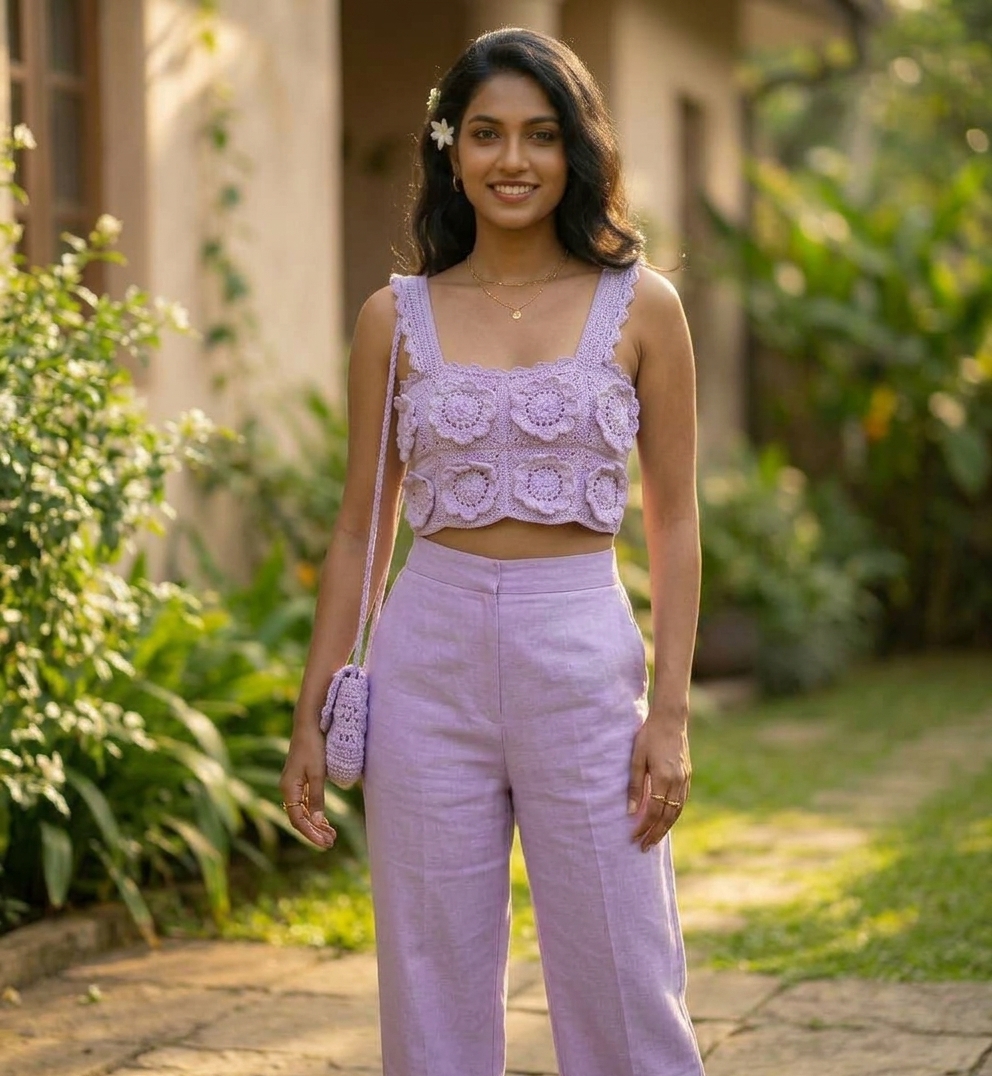 Handmade Crochet Lavender Floral Crop Top | 3D Flower Granny Square Tank Top | Pastel Purple Summer Festival Camisole Top